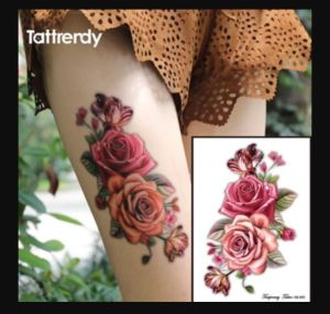 Tattoo Temporary Tato Temporer Seri T-009 Motif Bunga Mawar Merah Muda Pink Tahan Air Anti Air Sementara Elegan Art