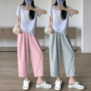 Lieoyuarn | Elegant Blue Korean Style Ice Silk High Waist Slim Fit Cropped Pants