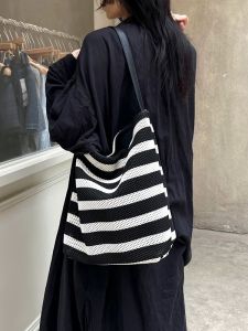 Large Capacity Black White Striped Bucket Bag Womens Ins Lazy Style Soft Single Shoulder Armpit Commuter Bag Tote Bag Handbag