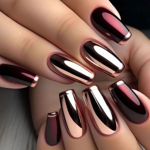 Medium long fake nails for women glossy New year wine red black Champagne colors almond ballet faux ongles press on nail art set