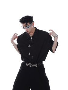 Metallic Zipper Short Sleeve Loose Fit Mens Shirt Youth Fashion Summer Casual Cotton Blend Shirt Square Collar Button Closure