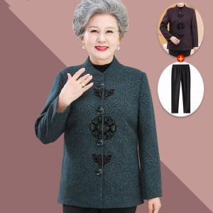 Embroidered Woolen Jacket for Middle-Aged And Elderly Women Korean Style Loose Fit Button up Cardigan Floral Patterned