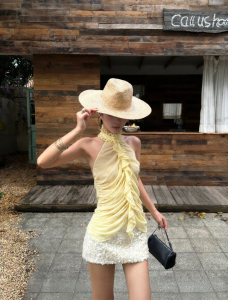 VENUIE | Sleeveless Yellow Backless Halter Top Female French Style