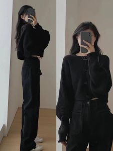 Black Short Sweater Cardigan Female Autumn and Winter Lazy Style Fancy Internet Celebrity Fried Street Denim Casual Small Knitting Tops