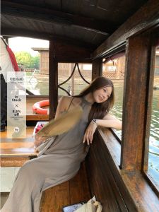 For Petite Women Irregular Halter Top Maxi Dress Duster and Tank Top Set