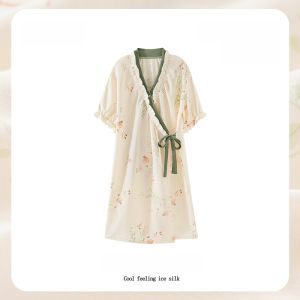 MiiOW | Mùa hè MiiOW Robe ngủ bằng lụa băng tay ngắn dài vừa phải cỡ lớn cho nữ Quần áo mặc nhà phong cách ngọt ngào mùa hè 2025
