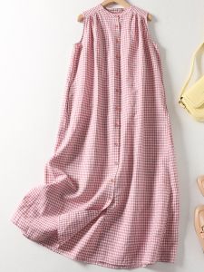 Japanese Style Sweet Pink Gingham Cotton Linen Tank Dress Women Summer Casual Loose Plus Size Single Breasted Sleeveless Dress