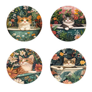 4 cat-printed coasters suitable for daily family gathering decoration offices anti-slip wooden coasters and festival gifts