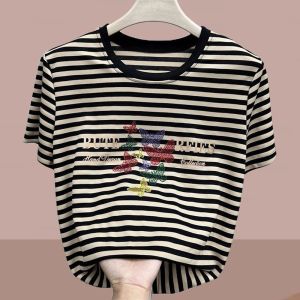 QIAOXIZI | Round Neck Striped Casual Large Size Women T-Shirt