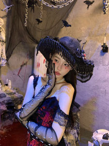 Original Halloween Cosplay Witch Hat Elegant Black Widow Countess Headwear Gothic Style Womens Hat Tassel Detail All Seasons