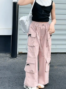 Fashion Cargo Pants For Kids Girl Fake Belt Bow Baggy Pants For Kids Girl 7-15yrs 4 Pockets ootd For Kids Girl Sweet Cool Trouser For Kids Girl