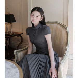 French Elegance Graceful Collared Designed Unique Fitted Long Dress