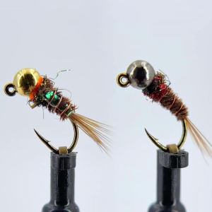 Bimoo 18PCS/Box Barbed Tungsten Bead Head Jig Nymph Fly Pheasant Tail Fast Sinking Wet Euro Nymph Fly Trout Bass Fishing Lures