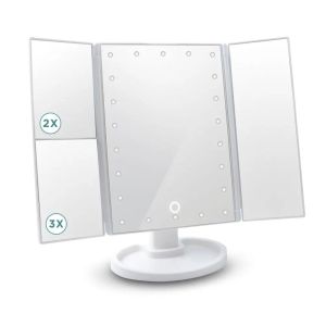 LED Vanity Makeup Mirror with Touch Control Adjustable Lighting 1X 2X 3X Magnification Trifold Design Ideal Gift for Women