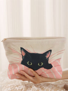 1 cat patterned corduroy makeup bag lightweight zipper makeup storage box multifunctional bag with lining