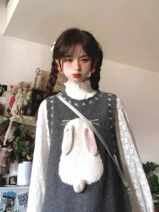 ชุดเดรสถักลายกระต่ายสีเทา ทรงหลวม แขนกุด คอตั้ง สไตล์หวานๆ สำหรับผู้หญิงในฤดูใบไม้ร่วง ชุดเดรสแขนกุด