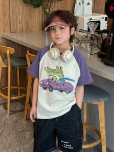 Boys Short Sleeve T-Shirt Pure Cotton Breathable Fashionable Color Block Cartoon Top for Middle And Large Children Summer New Arrival