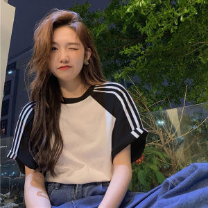 Retro American Striped Shoulder Insert Short Sleeve Trendy Womens T-shirt Summer Pure Cotton Loose Casual Anti-aging Half Sleeve Top