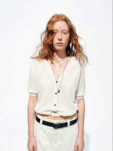 MO&Co. | French Style V-Neck Puffed Sleeves Knit Cardigan Light and Breathable Cotton-Linen