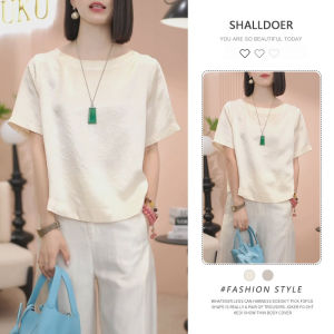 Shalldoer | Summer Womens Loose Fit Short Sleeve T-Shirt Acetate Satin Fabric Slimming High Waist Top Fashionable Casual Wear