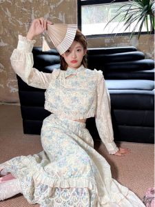 Elegant Two-Piece Set Womens Cotton Long Sleeve V-Neck Floral Embroidery Spring Autumn High-End Chinese Style Sweet And Salty