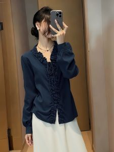 YUFUQING | French Style V-Neck Ruffle Trim Tie Waist Long Sleeve Shirt for Office Wear