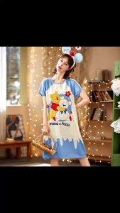 ชุดนอนกระโปรงยาว ชินเดียว ย้ำติดกัน ผ้าเนื้อนูทรงหลวม ลายน่ารัก สต็อกไทย