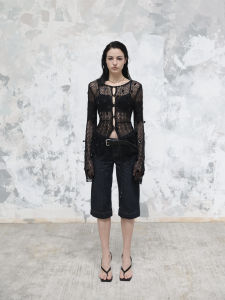 FOT2024 Shimmery Dark Base Knit Sweater with Italian Pearls Long Sleeves Crewneck Thin Section for 18-24 Year Olds