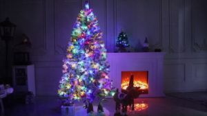 NUVOX 5/6/7/8FT Christmas Tree Artificial Snow Flocked Pine TreeWarm-White & Multicolored LightsMetal BaseHome Office Party Decoration