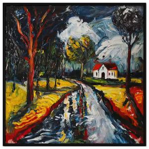 Tranh trời mưa phong cảnh thiên nhiên con đường vào làng ven khu rừng sau cơn mưa.Tranh treo tường dán tường.CGI-1183