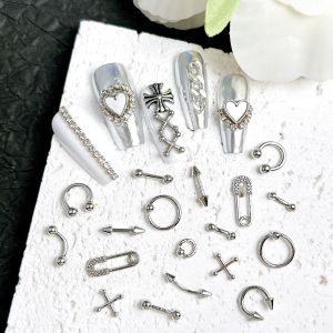 30PCS Classic Retro Round Ball Arrow Curved Rivet Nail Charms 3D Tricolors Pin Cross Nail Art Decoraions DIY Punk Style Nails
