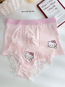 กางเกงบ็อกเซอร์ผ้าฝ้ายลายการ์ตูน Hellokitty สีชมพู น่ารัก สำหรับคู่รัก ชายและหญิง กางเกงบ็อกเซอร์ทรงหัวใจสำหรับผู้ชายและผู้หญิง คู่รัก