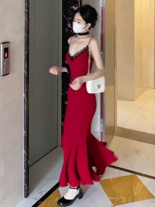 Pure Desire French Style V-Neck Lace Strap Dress Low Chest Spicy Girl Celebrity Ball Gown Tailored Long Skirt Summer New Arrival