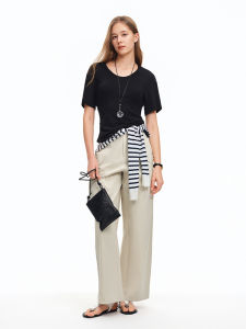 DUSHU | Smile U-Neck Ruched Waist Short Sleeve T-Shirt