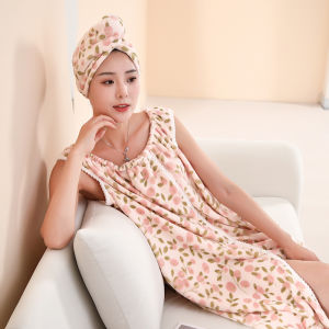 Water Absorbent Adult Bathrobe Set with Towel Dress and Hat Coral Fleece
