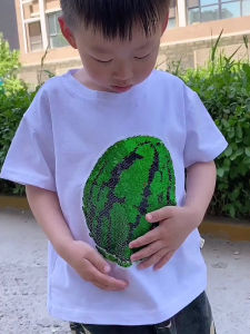 Sequin Short Sleeve T-Shirt Summer Mother and Daughter Strawberry Watermelon Flip Color Changing Childrens Pure Cotton Top Clothes T Parent-Child Fashion