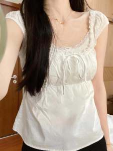 Sweet And Spicy Short Sleeve Lace Shirt for Women Cotton Bridesmaid Dress Casual Summer Top with Belt for Homebody Girls