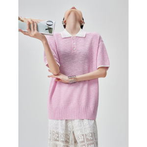 XIAODADEHUA | Polo Neck Short Sleeve Pink Loose Thin Knitted Top