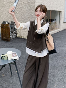 Browan Elegent Vintage Style Womens Three-Piece Suit with Vest And Wide Leg Pants Autumn New Fashion Casual Wear Polyester Fiber