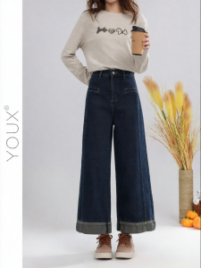 YOUXIANG | Quần Jeans Đùi Cao Ấm Áp Phong Cách Vintage Form Dáng Thẳng
