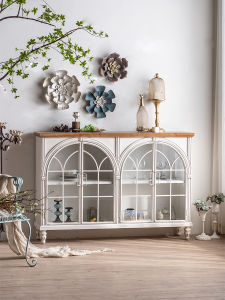 Retro French Glass Door Wall-Mounted Wooden Living Room Decorative Cabinet Storage Restaurant Sideboard Arch Shaped Wine Cabinet