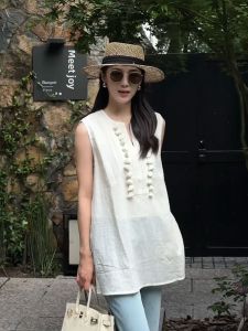 YUFUQING | New Chinese Style White Sleeveless Lace Shirt Womens Summer Design Loose Slimming Top High Waist Commute Style Polyester Fiber