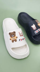 Dép Nữ Dép bánh mỳ gợn sóng cao 7cm Tăng chiều cao gắn sticker gấu  dép lê