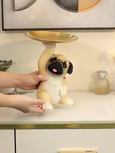 Pug Dog Statue Animal Figurine Multifunction Decorative Cute Desk Storage Tray Entryway Key Holder for Cabinet Table Entrance Home Porch Cabinet Decorations