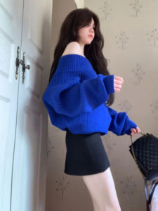 HUAYILING | Klein Blue Off-Shoulder Sweater Women Autumn New Style Loose Casual
