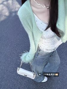 Áo Len Cardigan Dệt Kim Ngắn Màu Xanh Lá Cây Cho Nữ Mùa Đông Thiết Kế Ôm Vừa Vặn Áo Lót Mỏng Áo Khoác Ngoài Áo Len Cardigan