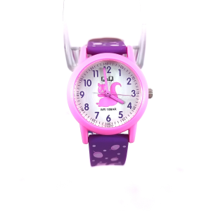 Q&Q Kids Watch New 10Bar Water Resistant with Pink Rubber Strap and Cartoon Character Dial V23A-007VY*