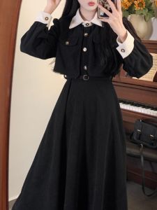 Plus Size French Fancy Brushed Long Sleeve Fake Two-Piece Dress Fall and Winter Cinched Slimming Long Dress Hepburn Black Dress