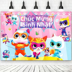 Potdemiel | Superkitties Hoạt Hình Sinh Nhật Phông Nền Cho Trẻ Em Cho Bé Trang Trí Tiệc Chụp Hình Chống Đỡ Polyester Biểu Ngữ Nền Quà Tặng