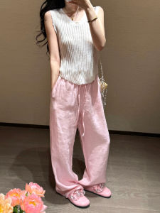 Pink Linen Wide Leg Pants Womens Summer Thin Casual Home Sleep Pants Loose Walking Trousers High-Waist Straight Cut Pants